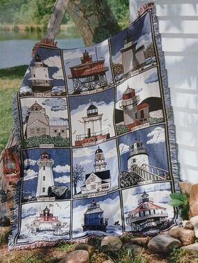 LIGHTHOUSES Afghan Throw 100% Cotton 48x67" Goodwin Weavers